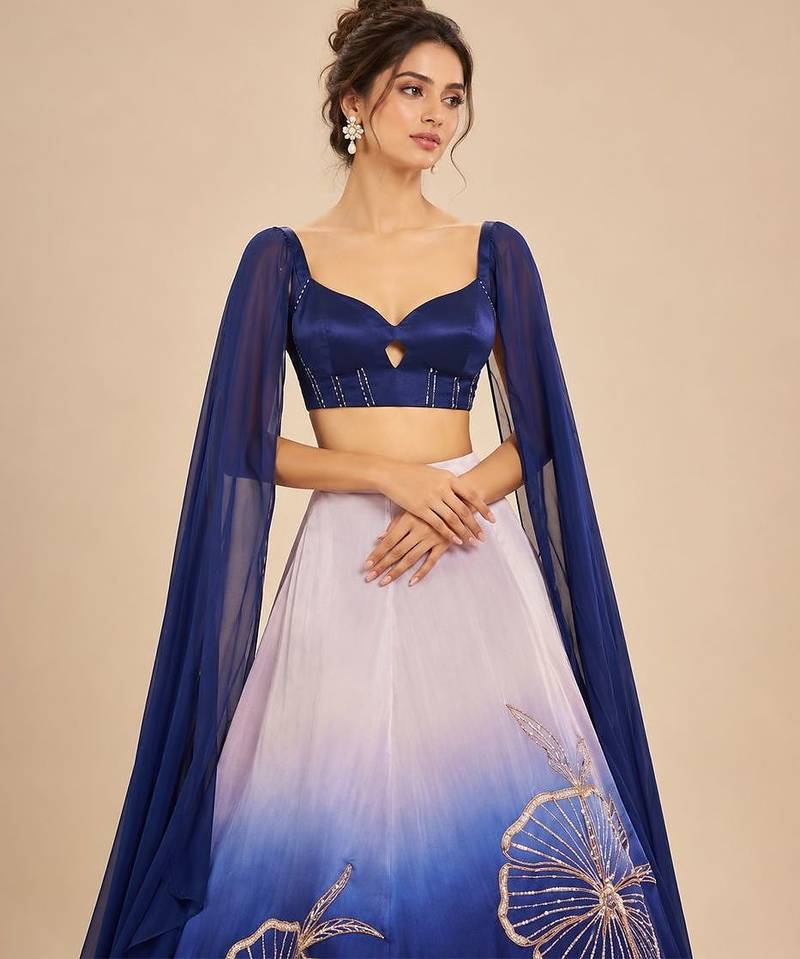 Lilac And Navy Blue Ombre Long Cape Attached Lehenga Set