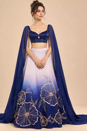 Lilac And Navy Blue Ombre Long Cape Attached Lehenga Set