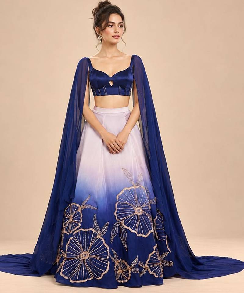 Lilac And Navy Blue Ombre Long Cape Attached Lehenga Set