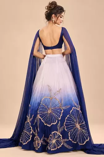 Lilac And Navy Blue Ombre Long Cape Attached Lehenga Set