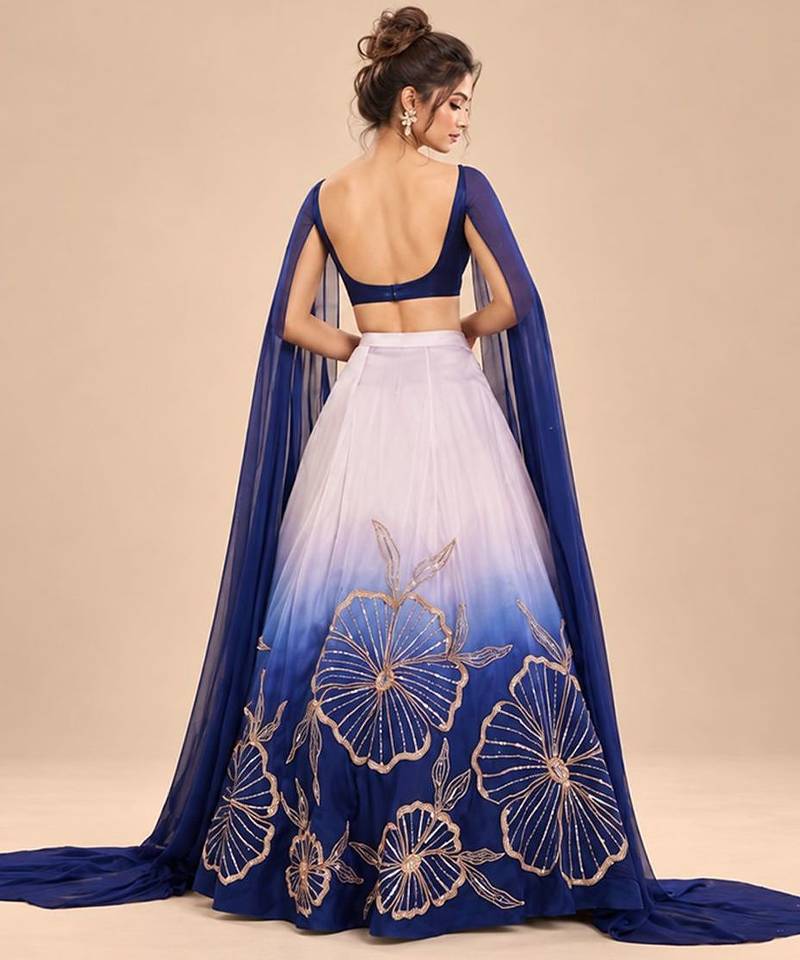 Lilac And Navy Blue Ombre Long Cape Attached Lehenga Set