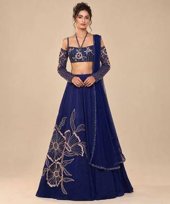 Navy Blue Embroidered Satin Organza Lehenga Set 1