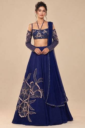 Navy Blue Embroidered Satin Organza Lehenga Set