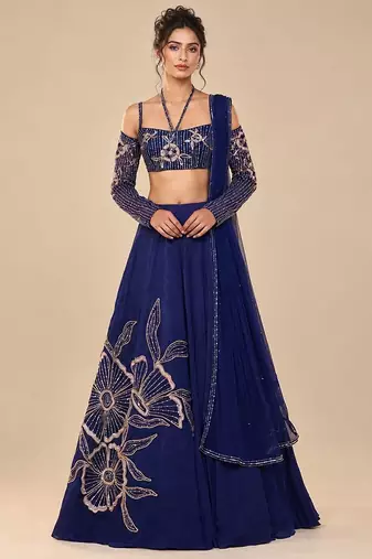 Navy Blue Embroidered Satin Organza Lehenga Set