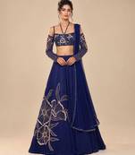 Navy Blue Embroidered Satin Organza Lehenga Set