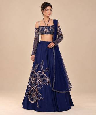 Navy Blue Embroidered Satin Organza Lehenga Set 2