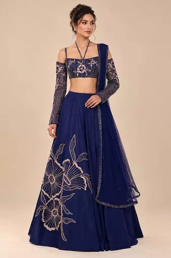 Navy Blue Embroidered Satin Organza Lehenga Set