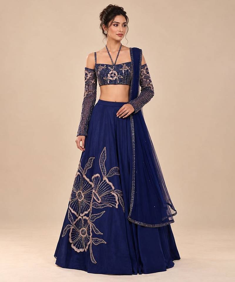 Navy Blue Embroidered Satin Organza Lehenga Set
