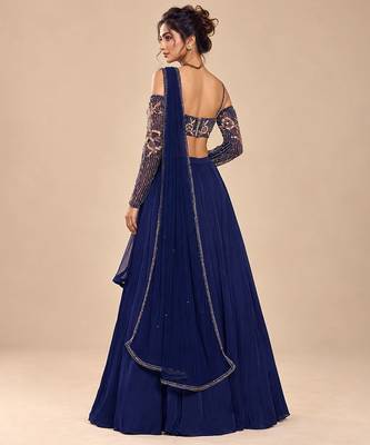 Navy Blue Embroidered Satin Organza Lehenga Set 3