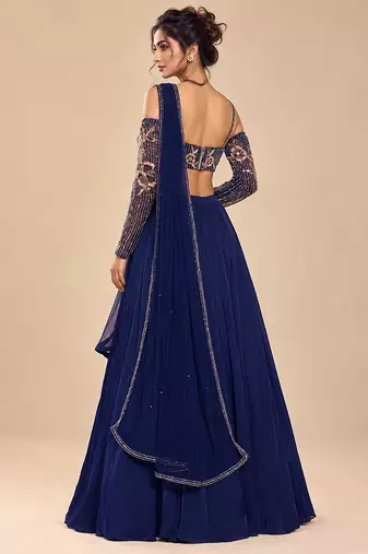 Navy Blue Embroidered Satin Organza Lehenga Set