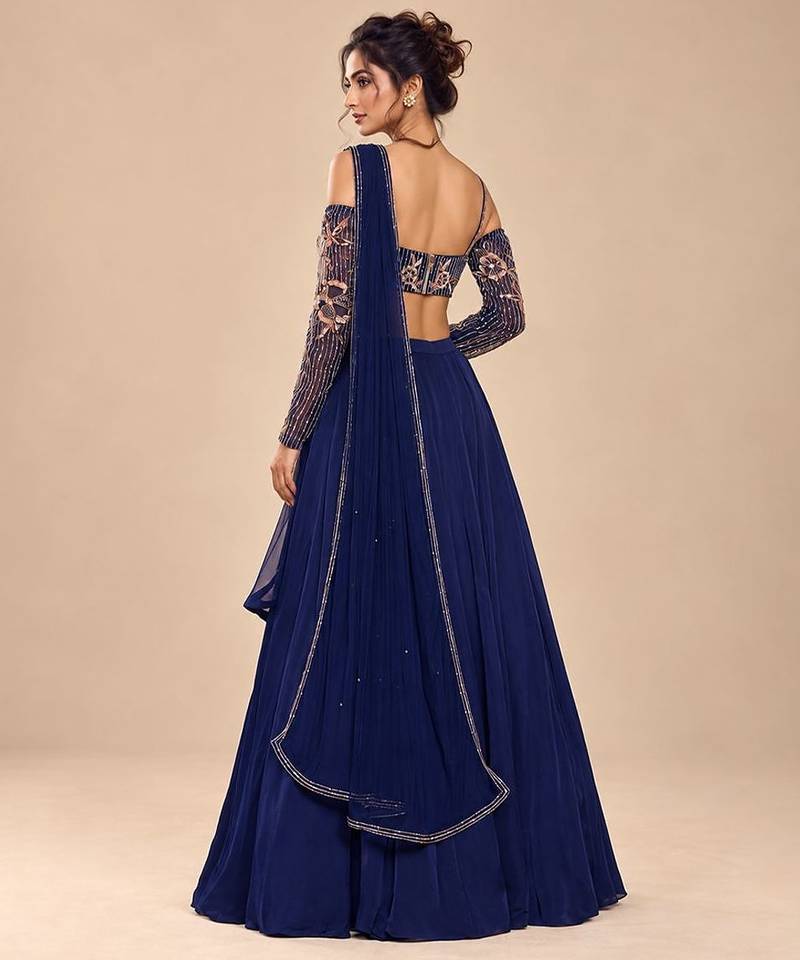Navy Blue Embroidered Satin Organza Lehenga Set