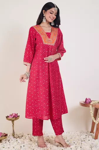 Pink embroidered silk kurta trouser set