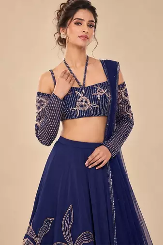 Navy Blue Embroidered Satin Organza Lehenga Set