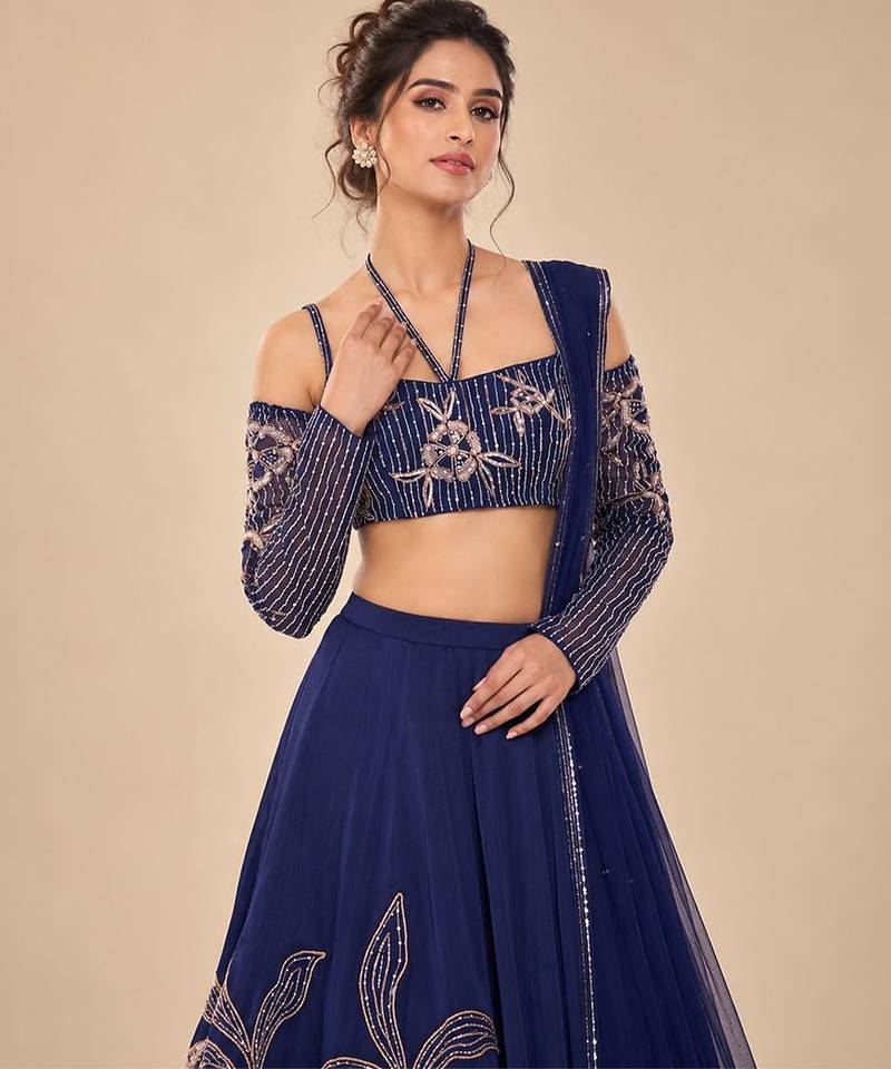 Navy Blue Embroidered Satin Organza Lehenga Set