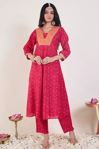 Pink embroidered silk kurta trouser set
