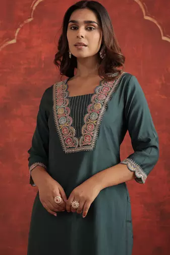 Teal embroidered silk kurta trouser set