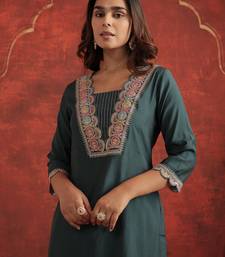 Teal embroidered silk kurta trouser set