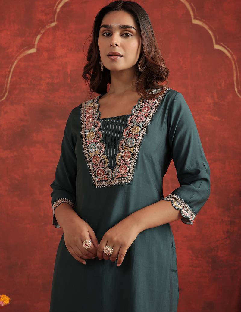 Teal embroidered silk kurta trouser set