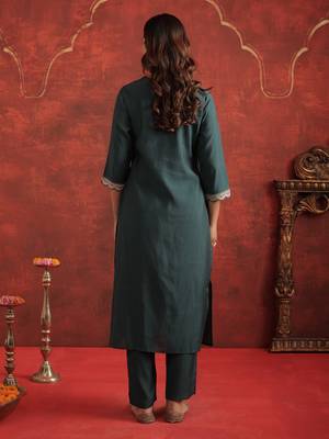 Teal embroidered silk kurta trouser set 3