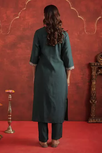 Teal embroidered silk kurta trouser set