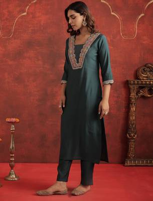 Teal embroidered silk kurta trouser set 1