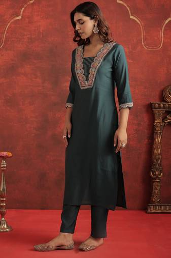Teal embroidered silk kurta trouser set