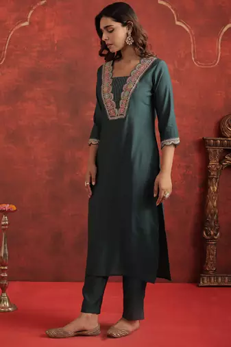 Teal embroidered silk kurta trouser set