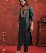 Teal embroidered silk kurta trouser set