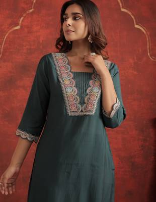 Teal embroidered silk kurta trouser set 4
