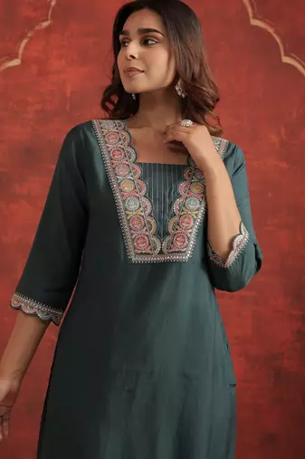 Teal embroidered silk kurta trouser set