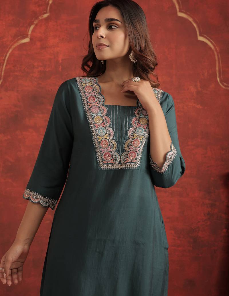 Teal embroidered silk kurta trouser set