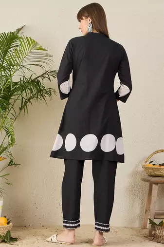 Black printed cotton kurta trouser set