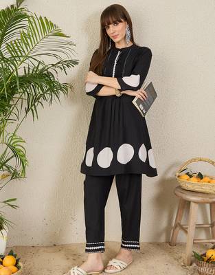 Black printed cotton kurta trouser set 3