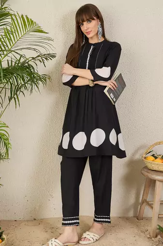 Black printed cotton kurta trouser set