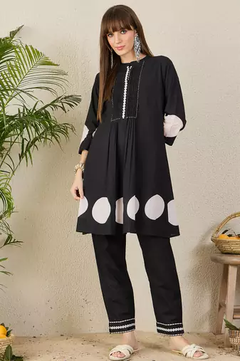 Black printed cotton kurta trouser set