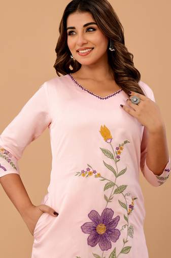 Pink embroidered silk kurta trouser set