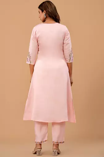 Pink embroidered silk kurta trouser set