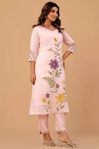 Pink embroidered silk kurta trouser set
