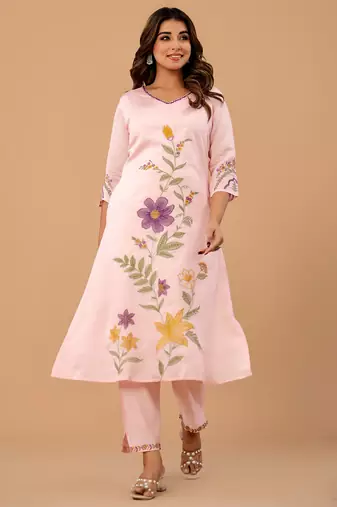 Pink embroidered silk kurta trouser set
