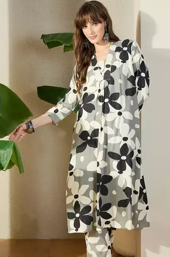 Grey printed viscose rayon kurta trouser set