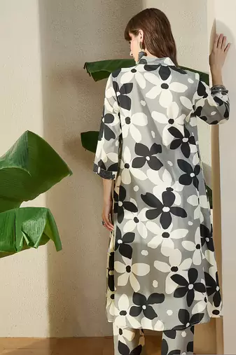Grey printed viscose rayon kurta trouser set