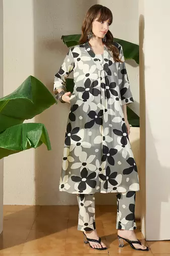 Grey printed viscose rayon kurta trouser set