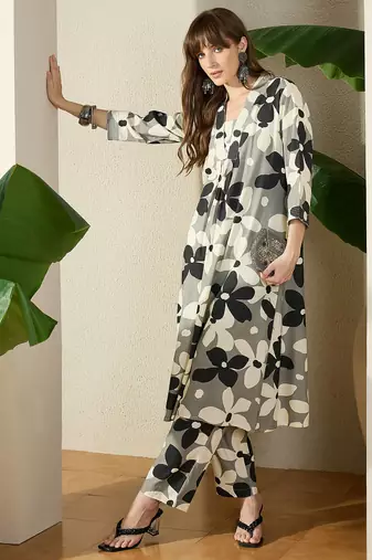 Grey printed viscose rayon kurta trouser set