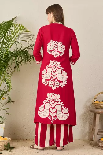 Maroon embroidered viscose rayon kurta trouser set