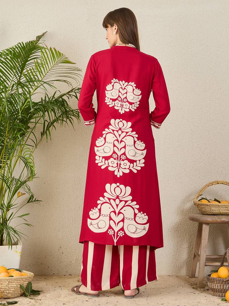 Maroon embroidered viscose rayon kurta trouser set
