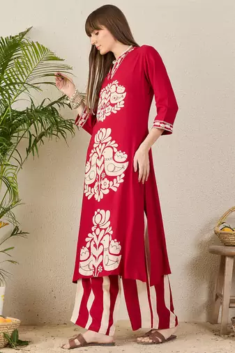 Maroon embroidered viscose rayon kurta trouser set