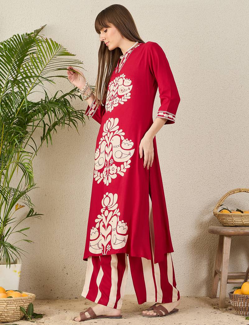 Maroon embroidered viscose rayon kurta trouser set