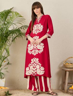 Maroon embroidered viscose rayon kurta trouser set 1