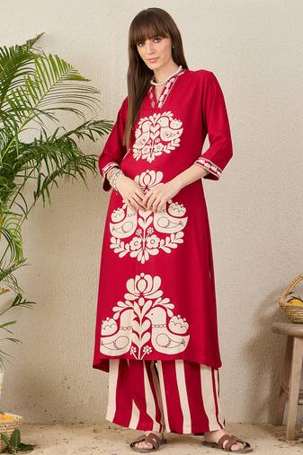 Maroon embroidered viscose rayon kurta trouser set