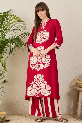 Maroon embroidered viscose rayon kurta trouser set